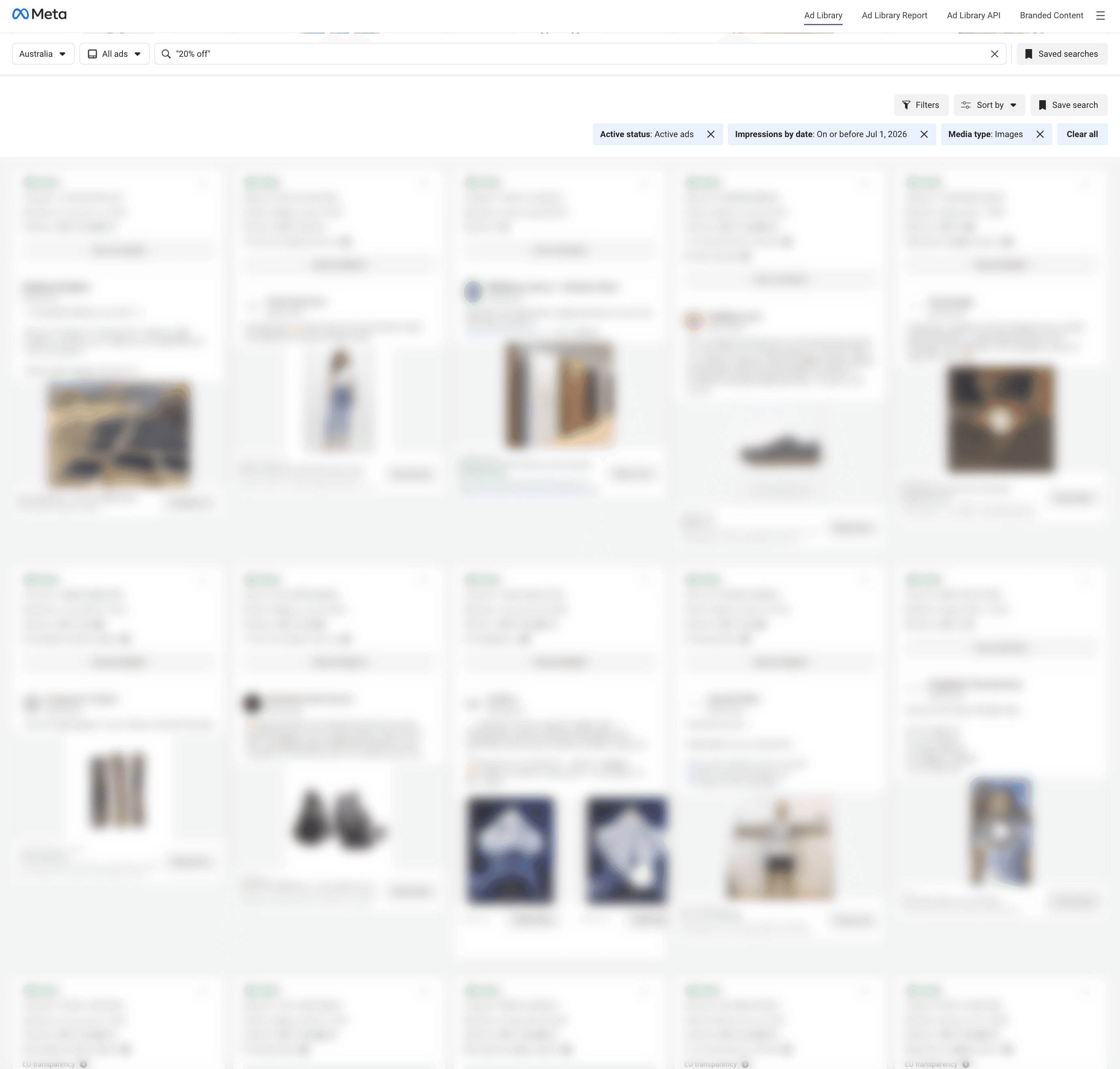 Meta ad library, filtered to active image ads running since before July